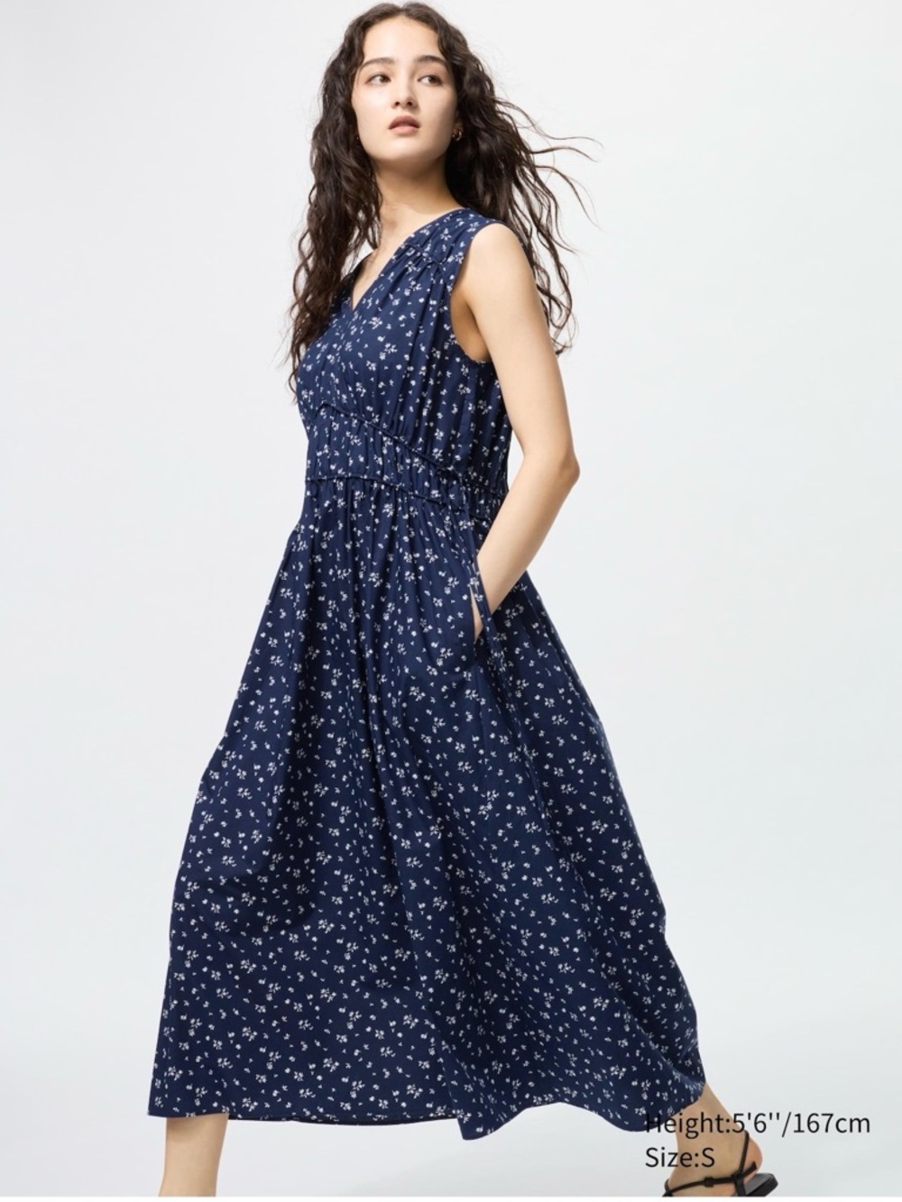 UNIQLO Cotton Gathered V-Neck Dress